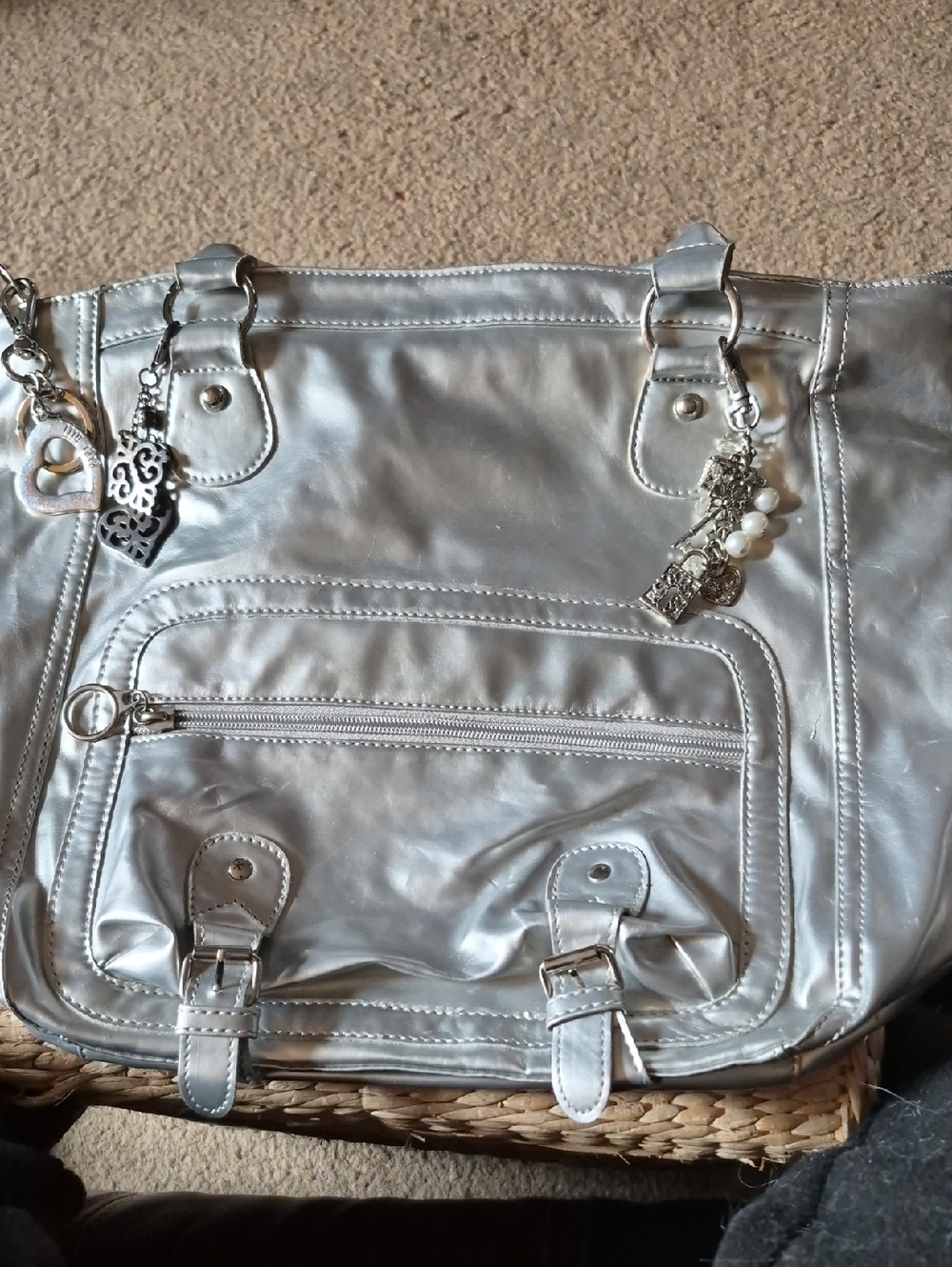 Women’s Metallic Silver Tote Bag with Charm Detail